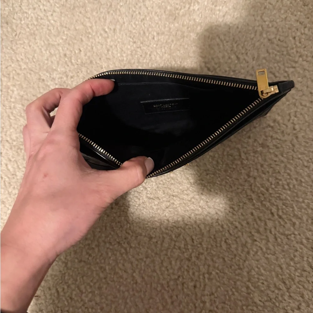 Saint Laurent Black Leather Wristlet with Gold Zip Accent - Picture 3 of 4